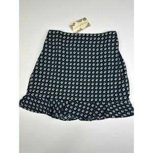 NWT Band Of The Free Diamond Print Ruffle Mini Skirt Colette Black Teal Sz Large